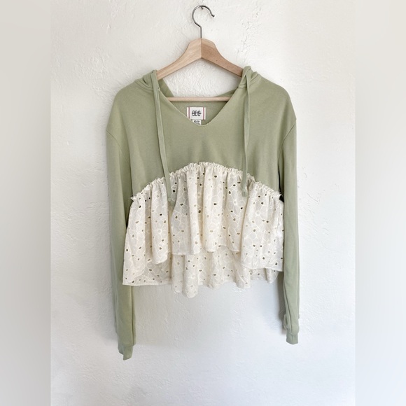 New UO BDG Shai Eyelet Pullover Hoodie Sweatshirt- Green - Picture 3 of 7